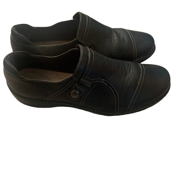 CLARKS COLLECTION WOMEN'S BLACK LEATHER SLIP ON LOAFERS 9- NICE! - Picture 1 of 7
